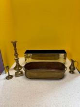 Two solid brass planters, 3 brass candlesticks, brass vase
