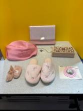 Pink Purse, hat, slippers, trinket box, etc.