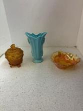 Jeanette glass candy dish, Shawne vase, Carnival glass Dish