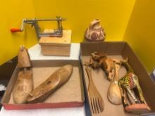 wooden shoe molds, wooden carved animals, apple peeler and more