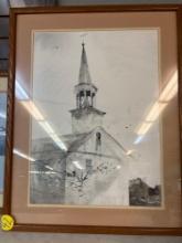 framed art of a church and steeple 24x30