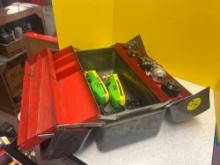vintage metal tacklebox with reels and electric fisherman