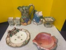 Fitz and Floyd. pig pitcher , corn and fruit pitcher, plate, fish, etc.