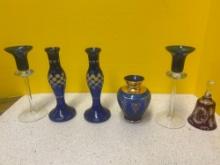 Cut to clear cobalt candlesticks, and ruby bell, cobalt and clear candlesticks, gold overlay vase