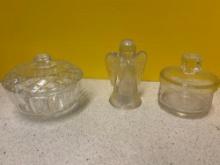 2 covered glass round boxes and Fenton iridized angel