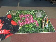 Two very large, happy birthday banners, Three wreaths