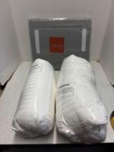 Sheet organizer and two down alternative queen size pillows