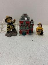 Lighted fire house and 2 firefighter bears