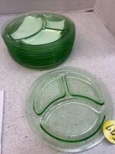 set of 9 vintage depression, glass uranium green glass divided Grill plates