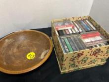 vintage tapes and wooden bowl