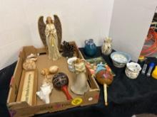 vintage maracas, ceramic, pottery, angel figures, shells, etc.
