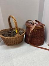 Basket full of clothespins, and fishing basket