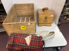vintage bowling shoes, shoeshine box and vintage crate