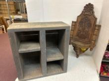 wooden ornate carved wall hanger, and industrial tool shelving