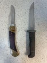 Buck 105 USA hunting knife 9 1/4 inches long and SCHRADE Uncle Henry LB7 folding knife 8 3/4 inches