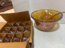 Indiana glass iridescent harvest gold carnival glass punch bowl set