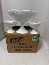 New old stock colony, three-piece milk glass set