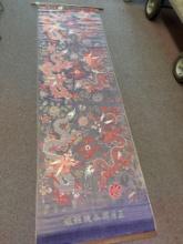 Asian wall hangings, one silk, two paper