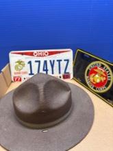 US military campaign, hat, and license plate