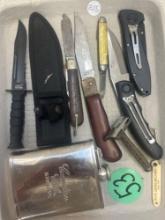 knives, Canadian Club whiskey flask, fancy safety razor, white sewing machine knife
