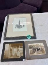 Framed Ink of New York City skyline, and two antique photos