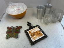 Pyrex, vintage glasses, trivets