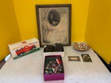1938 cradle roll certificate, Vintage small Christmas ornaments
