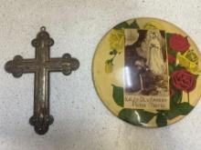 Virgin Mary with roses and a large cross ornate