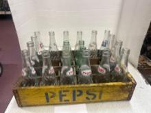 wooden Pepsi Cola crate and 16 Pepsi bottles, and 3 Coca-Cola bottles