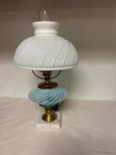 Fenton blue swirl milk glass shade lamp