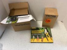 electronic mouse trap, gardening scissors, low-voltage transformer