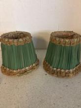 Antique pair of green silk and lace lampshades