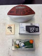 Jim Brown signed football, Three in one alarm clock with speaker, and wireless charging