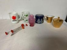Fenton cranberry hobnail vase, 4 inches, 1982 Worlds fair mug, more