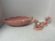 vintage Abingdon pottery oval bowl and double candle stick holders