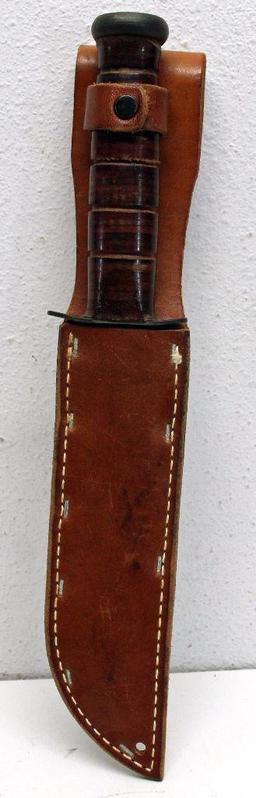 WWII U.S. Navy KA-BAR Fixed Blade Knife in Leather Sheath in Unused Condition, 7" Blade, 12 1/4"