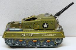 Old Japanese Tin Toy M-18 US Army Tank w/Driver, Latch Hinge needs repair, No Battery Door, As is