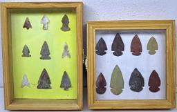 (2) Small Shadowboxes w/ Native American Indian Arrowheads, Glued to Paper, 6"x6" and 6"x8"