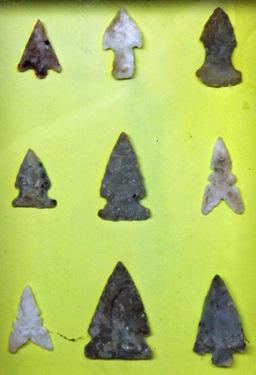 (2) Small Shadowboxes w/ Native American Indian Arrowheads, Glued to Paper, 6"x6" and 6"x8"