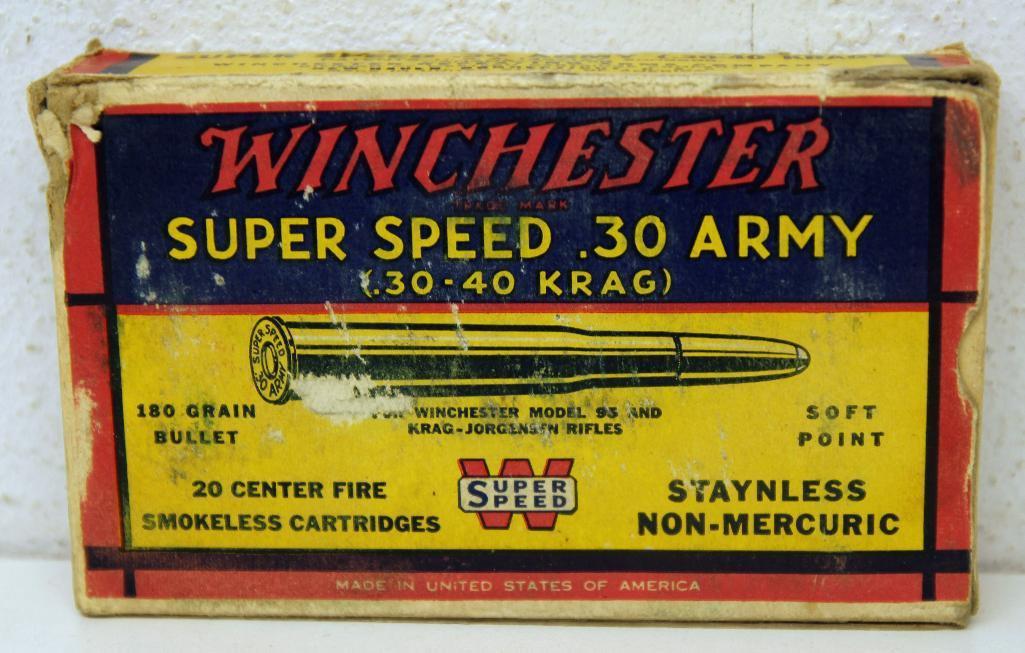Full Vintage Box Winchester Super-Speed .30 Army (.30-40 Krag) 180 gr. SP Cartridges, Some Wear to