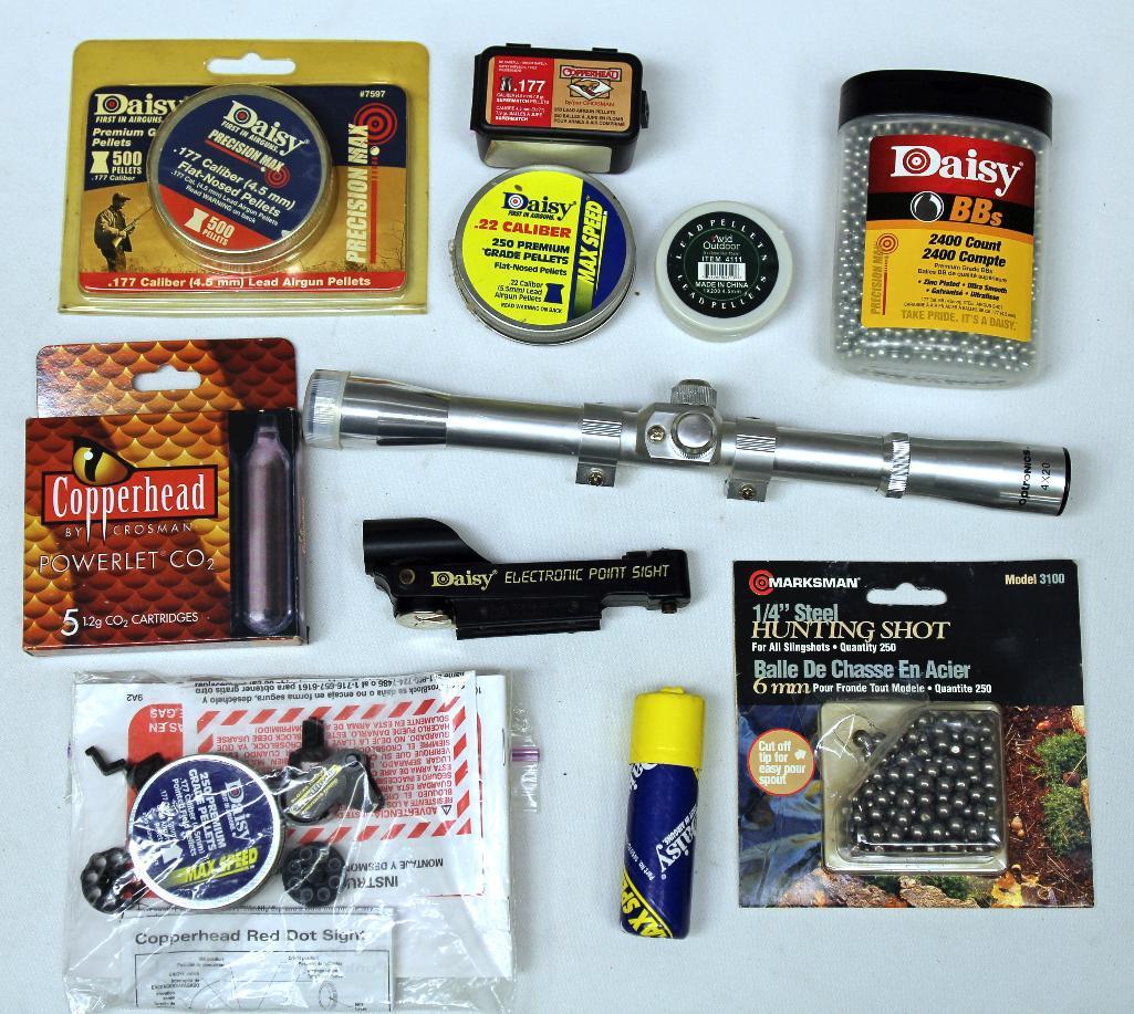 Mixed Lot of BB Gun, Pellet Gun Supplies and Accessories - Includes Optronics 4x20 Scope, Daisy