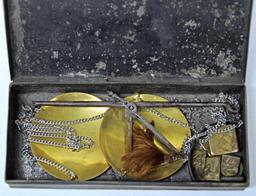 Small Gold Scale w/Weights (Drams and Drachms) in Metal Case, Chains Appear to have been Replaced