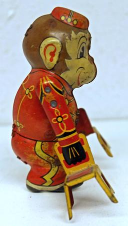 Marx Tin Wind-up Toy Tumbling Monkey with 2 Chairs, Missing Key
