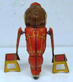 Marx Tin Wind-up Toy Tumbling Monkey with 2 Chairs, Missing Key
