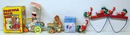 Mixed Lot of Made in China Tin Toys, Works Tin Toy Wind-up Rooster in Box Tricycle w/Bell in Box Boy