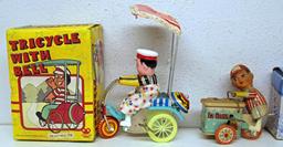 Mixed Lot of Made in China Tin Toys, Works Tin Toy Wind-up Rooster in Box Tricycle w/Bell in Box Boy