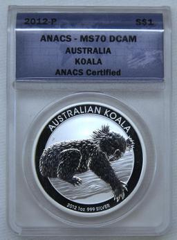 2012 Australia Koala 1 oz. Silver Slab ANACS MS70 DCAM