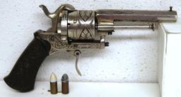 Acier Fondu Engraved European 7 mm Pin Fire Revolver w/2 Rounds 7 mm Pin Fire Marked on Bbl - Acier