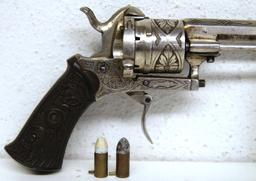 Acier Fondu Engraved European 7 mm Pin Fire Revolver w/2 Rounds 7 mm Pin Fire Marked on Bbl - Acier