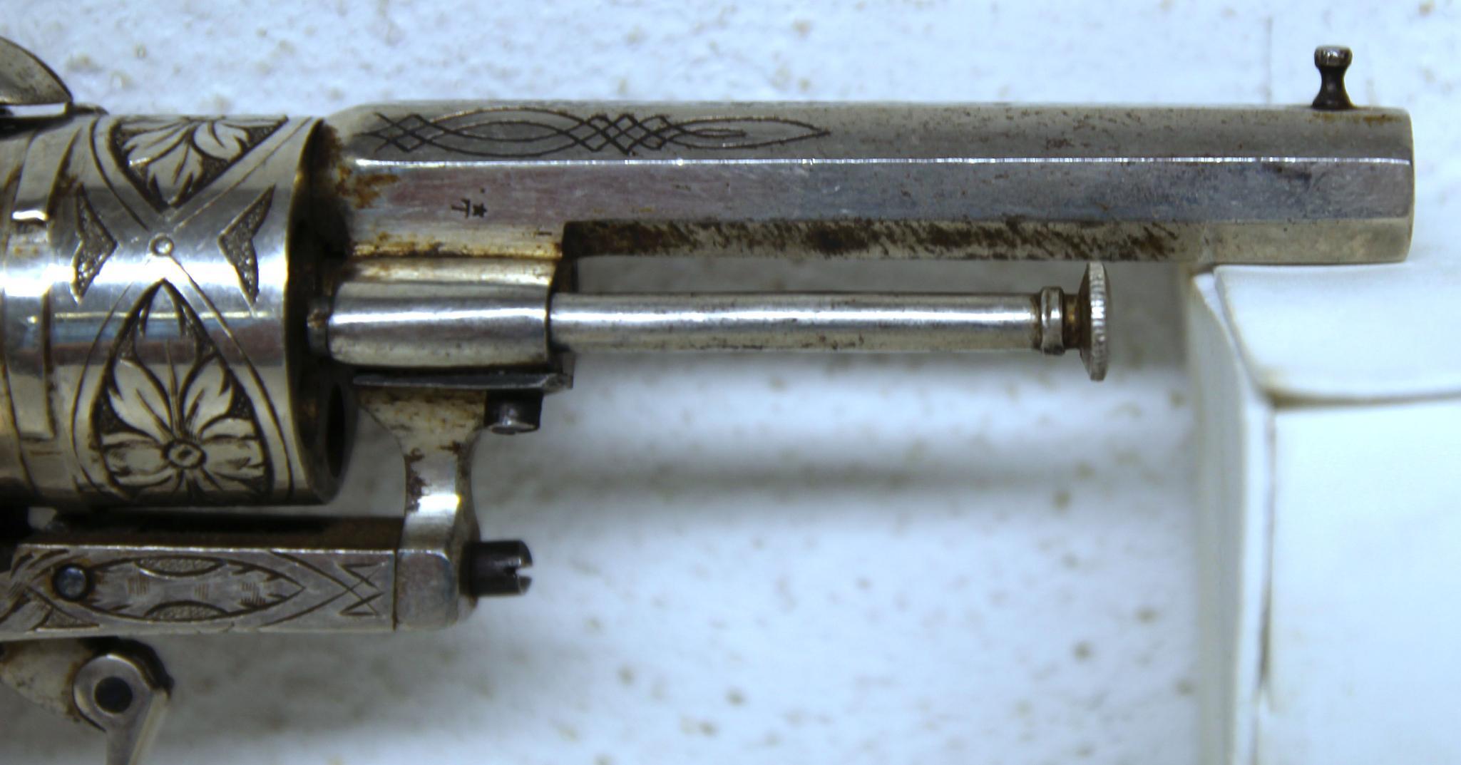 Acier Fondu Engraved European 7 mm Pin Fire Revolver w/2 Rounds 7 mm Pin Fire Marked on Bbl - Acier